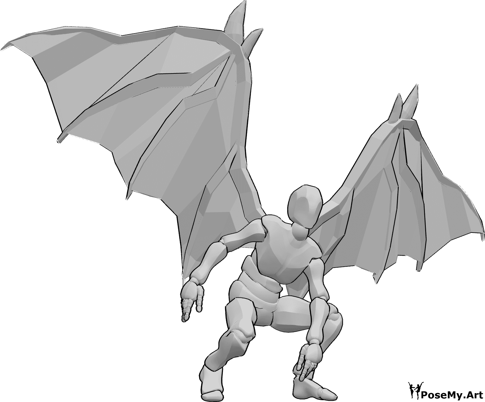 Referencia de poses- Postura de aterrizaje con alas de diablo - Hombre con alas de diablo está aterrizando, mirando hacia delante y haciendo equilibrio con las manos