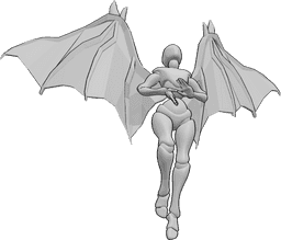 Posen-Referenz- Weibliche Teufelsschwingen-Pose - Frau mit Teufelsflügeln fliegt, spricht einen Zauberspruch mit Handbewegungen und schaut nach oben