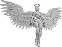 Referencia de poses- Postura femenina con alas de ángel - Mujer con alas de ángel y halo flotando en el aire y mirando a la derecha