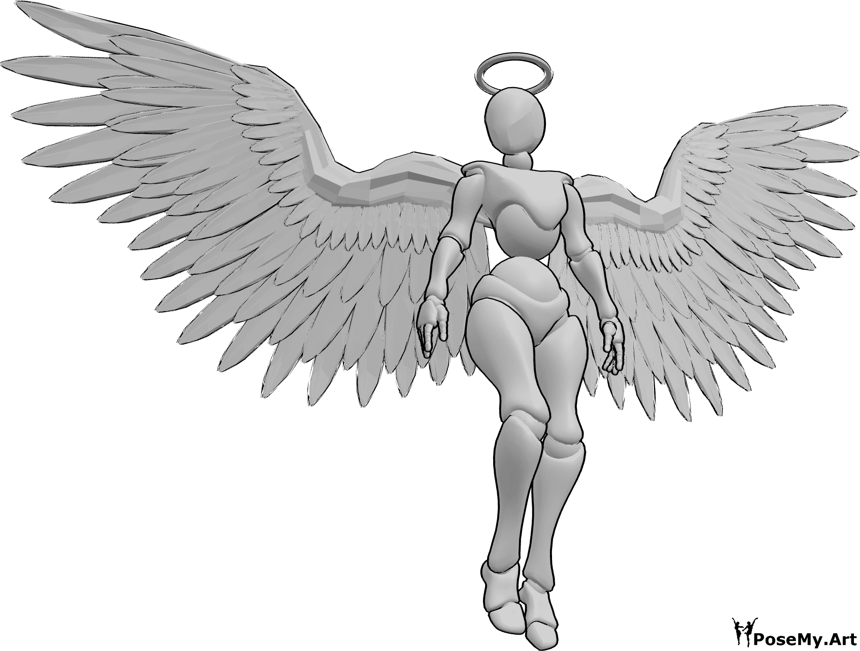 Referência de poses- Pose feminina com asas de anjo - Mulher com asas de anjo e auréola a flutuar no ar e a olhar para a direita