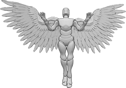 Referência de poses- Pose masculina com asas de anjo - Homem com asas de anjo está a voar para cima, levantando as mãos e olhando para cima