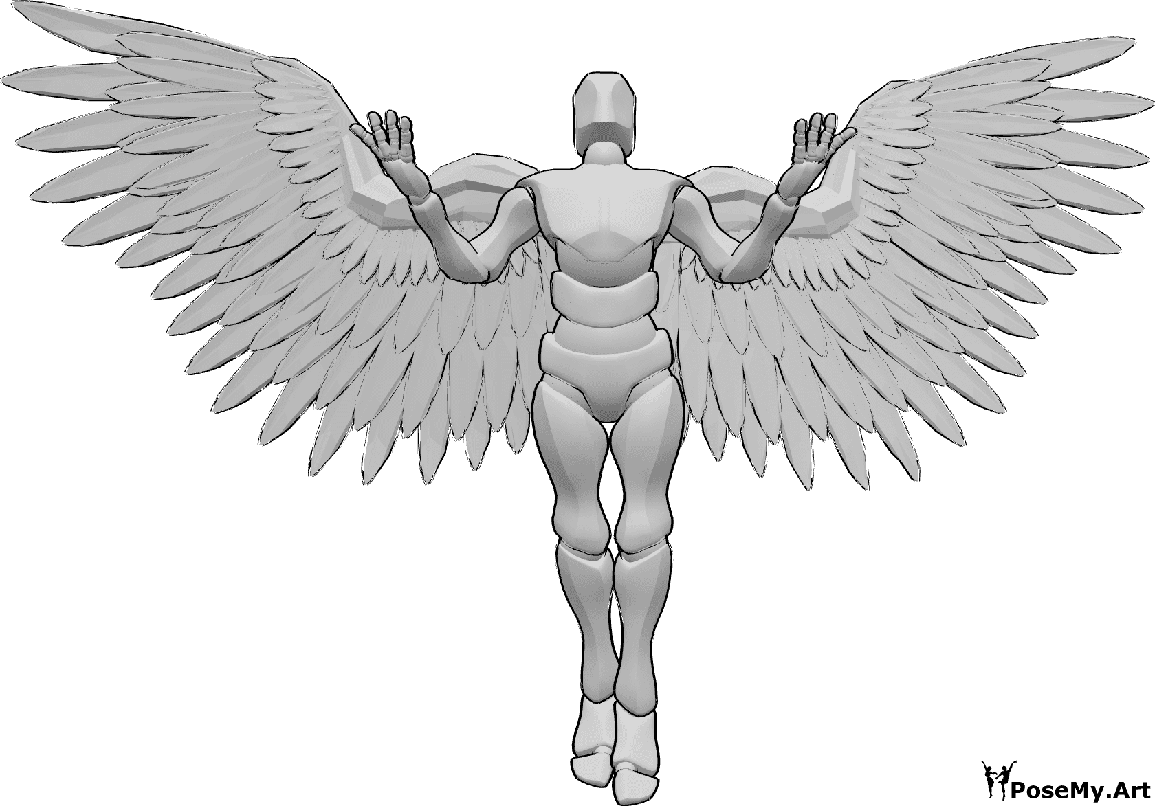 Riferimento alle pose- Posa delle ali d'angelo maschile - Uomo con ali d'angelo vola verso l'alto, alzando le mani e guardando in alto