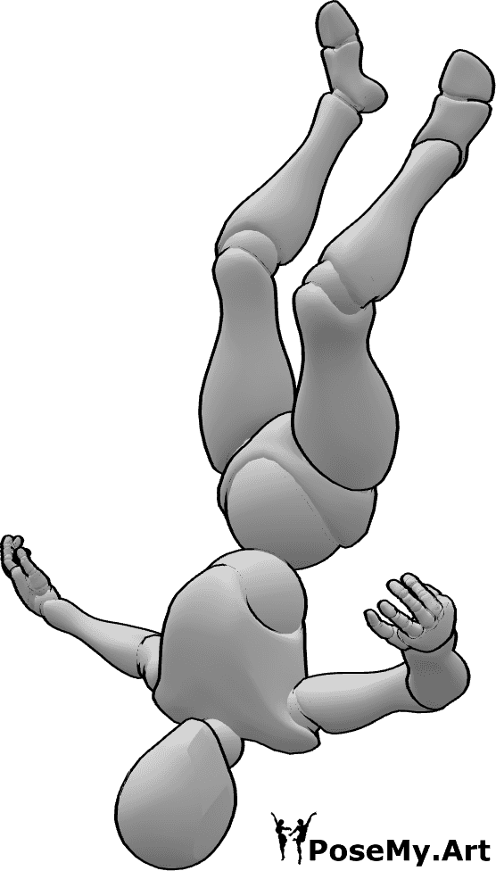 Referência de poses- Pose feminina de cabeça para baixo - Mulher a cair no ar em pose de cabeça para baixo