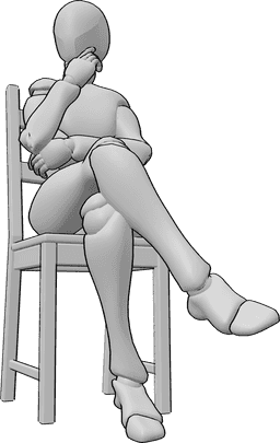 Referência de poses- Mulher sentada a pensar - A mulher está sentada numa cadeira com as pernas cruzadas, olhando para a direita e pensando