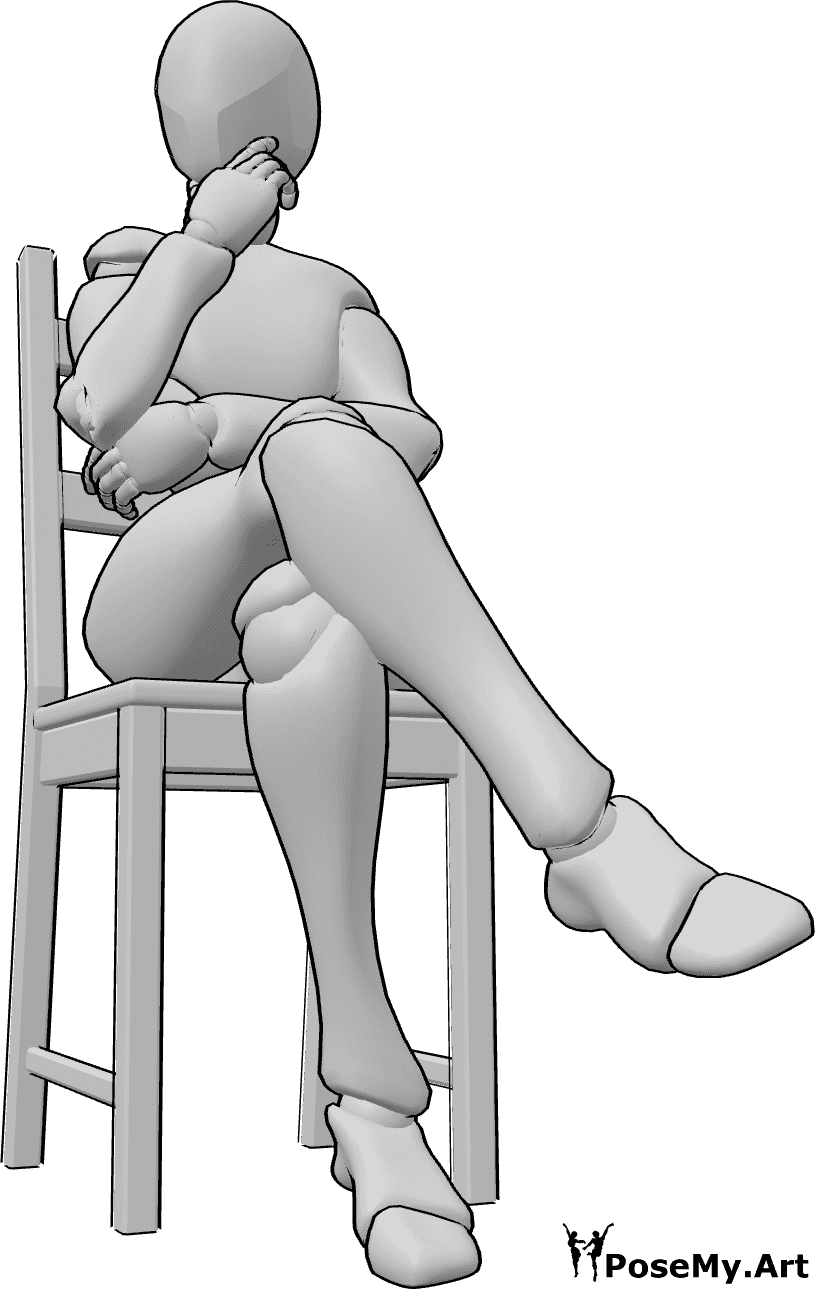 Riferimento alle pose- Donna seduta in posa pensante - La donna è seduta su una sedia con le gambe incrociate, guarda a destra e pensa