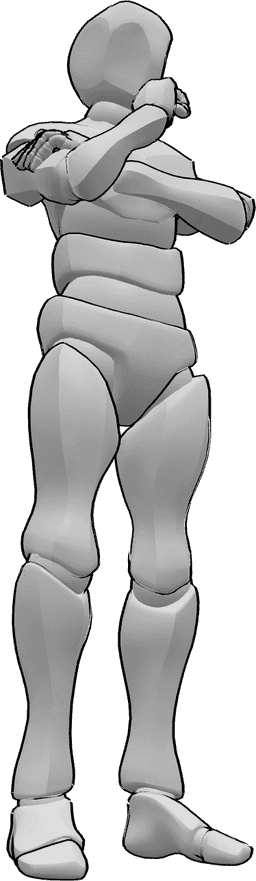 Posen-Referenz- Nachdenkliche Pose - Mann steht, hält seinen rechten Arm mit der linken Hand und denkt