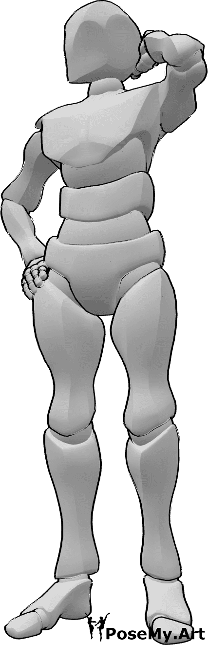 Posen-Referenz- Nachdenkliche Pose - Mann steht mit der rechten Hand auf der Hüfte, schaut nach rechts, hält den Kopf und denkt