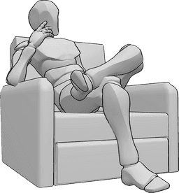 Riferimento alle pose- Uomo seduto in posa pensante - L'uomo è seduto sul divano con le gambe incrociate e pensa, guardando a sinistra