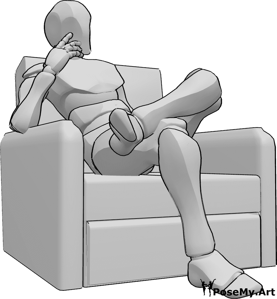 Référence des poses- Homme assis en train de réfléchir - L'homme est assis sur le canapé, les jambes croisées et réfléchit en regardant vers la gauche.
