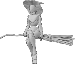 Referencia de poses- Escoba de bruja pose flotante - La bruja está sentada en la escoba con las piernas cruzadas, lleva un sombrero de bruja y mira hacia delante.