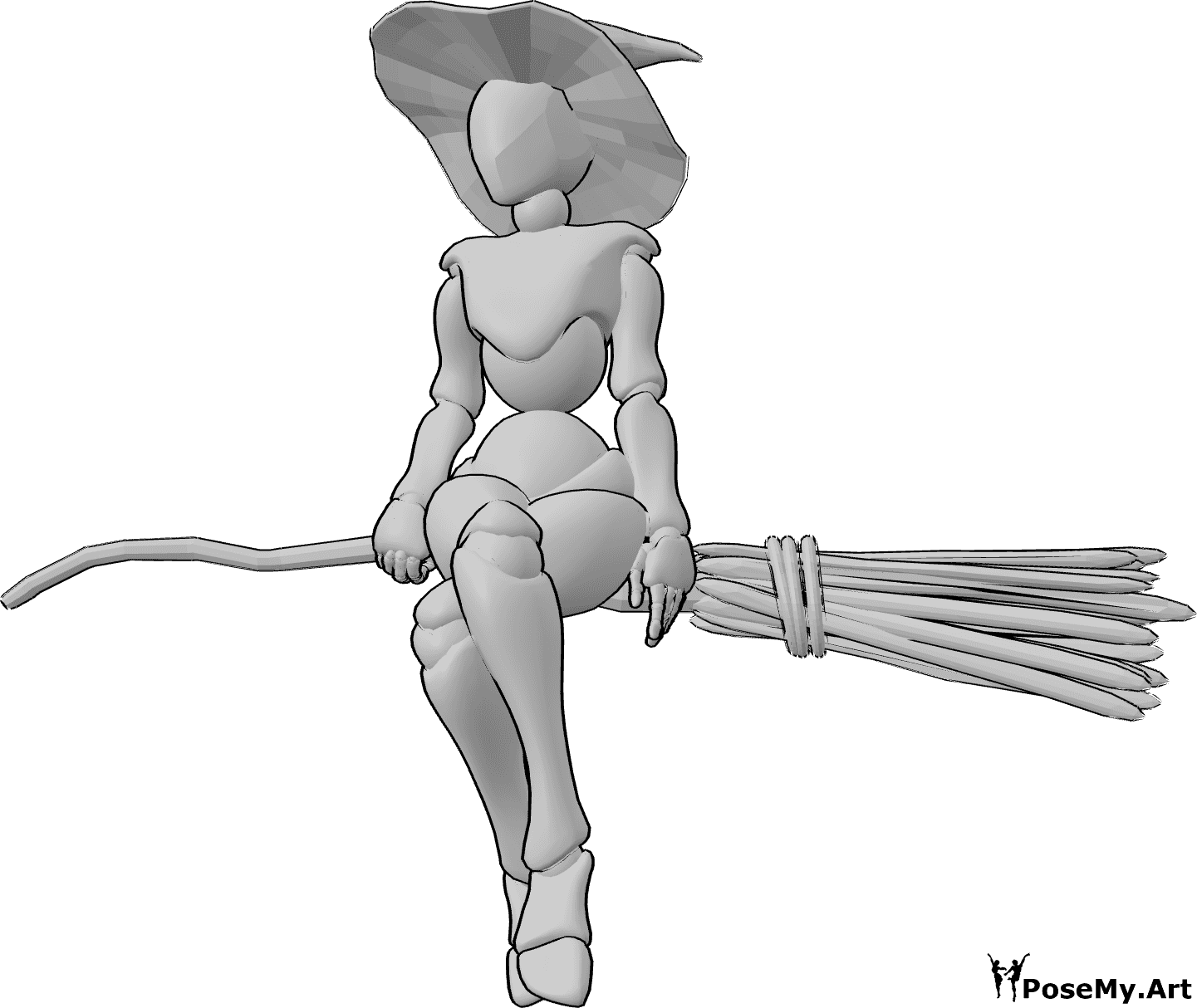 Posen-Referenz- Hexenbesen schwebende Pose - Die weibliche Hexe sitzt mit gekreuzten Beinen auf dem Besen, trägt einen Hexenhut und blickt nach vorne