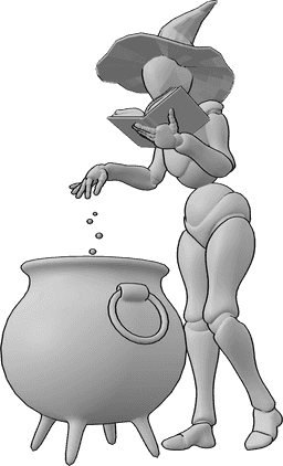 Pose Reference- Witch magic potion pose - Female witch is sprinkling something into the cauldron and reading the spell from the book