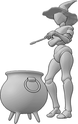 Referencia de poses- Postura de caldero de bruja - Una bruja está de pie y lanza un hechizo desde el caldero usando su varita.