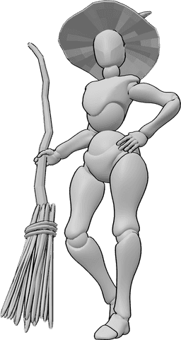 Posen-Referenz- Halten der Hexenbesen-Pose - Weibliche Hexe steht und hält ihren Hexenbesen in der rechten Hand