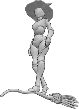 Posen-Referenz- Hexenbesen stehende Pose - Eine weibliche Hexe steht auf einem Hexenbesen, der in der Luft schwebt, und hält einen Zauberstab in ihrer linken Hand