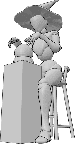 Riferimento alle pose- Posa da strega cartomante - Una strega è seduta e predice la fortuna dalla sfera di cristallo, usando entrambe le mani.