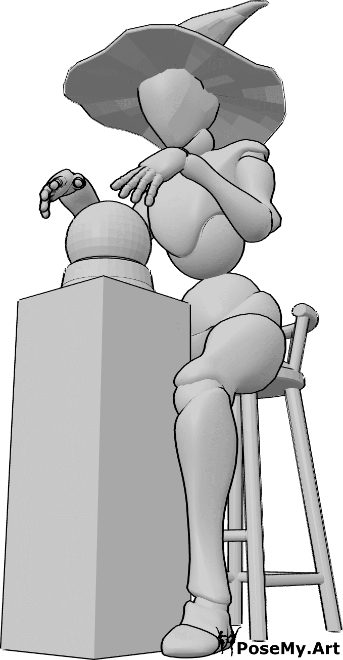 Riferimento alle pose- Posa da strega cartomante - Una strega è seduta e predice la fortuna dalla sfera di cristallo, usando entrambe le mani.
