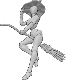 Posen-Referenz- Hexenbesen fliegende Pose - Weibliche Hexe fliegt auf dem Hexenbesen und hält ihren Hexenhut mit ihrer rechten Hand