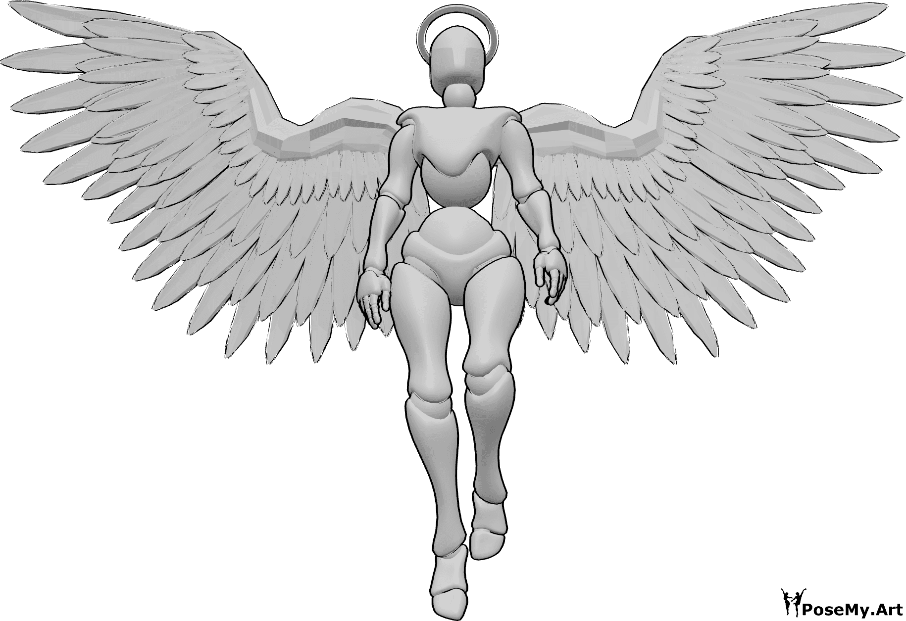 Riferimento alle pose- Posa di angelo femminile in volo - Angelo femminile con aureola e ali sta volando, guardando verso l'alto, riferimento disegno angelo
