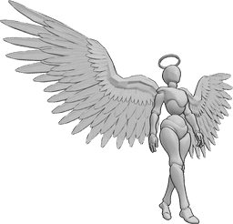 Referencia de poses- Postura de ángel femenino caminando - Un ángel femenino camina lentamente con las alas abiertas y mirando al frente