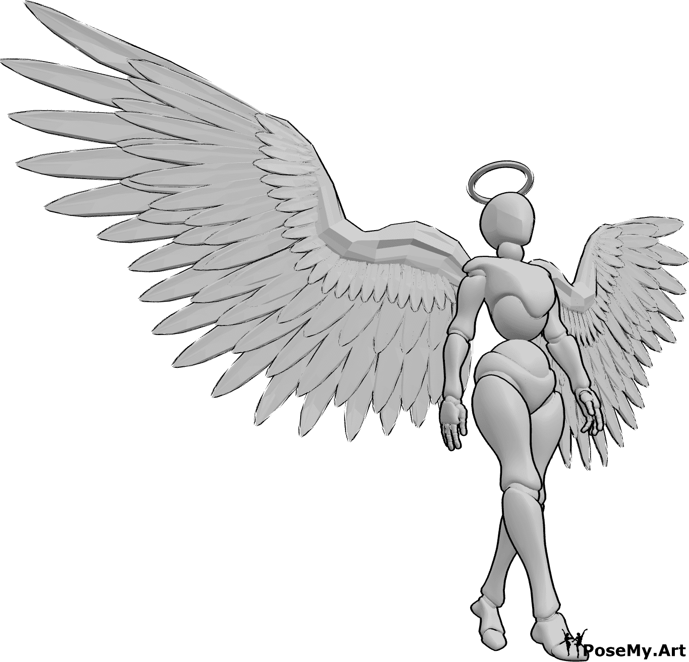 Referencia de poses- Postura de ángel femenino caminando - Un ángel femenino camina lentamente con las alas abiertas y mirando al frente