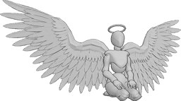 Référence des poses- Ange féminin agenouillé - Ange féminin aux ailes ouvertes, agenouillé et regardant vers l'avant, référence de dessin d'ange