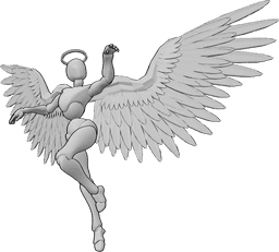 Posen-Referenz- Weiblicher Engel tanzende Pose - Weiblicher Engel fliegt und tanzt in der Luft, hebt die Hände und schaut nach links
