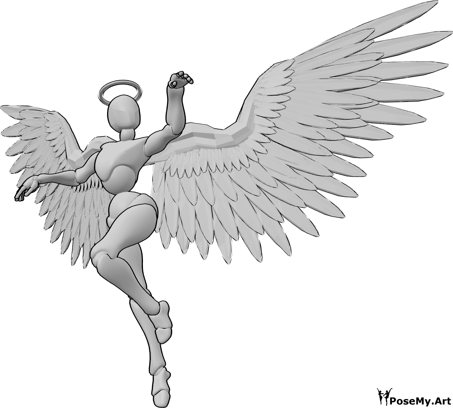 Referencia de poses- Ángel femenino bailando - Un ángel femenino vuela y baila en el aire, levantando las manos y mirando a la izquierda.