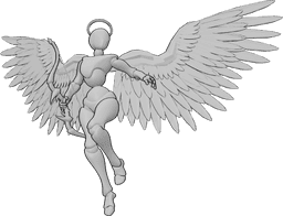 Référence des poses- Ange féminin, pose de l'arc - Un ange féminin vole, tenant un arc dans sa main droite et regardant vers la gauche.