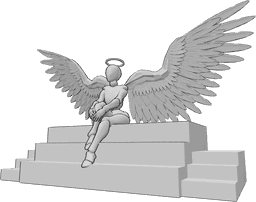 Pose Reference- Female angel sitting pose - Female angel is sitting on the stairs, holding her knee and looking forward