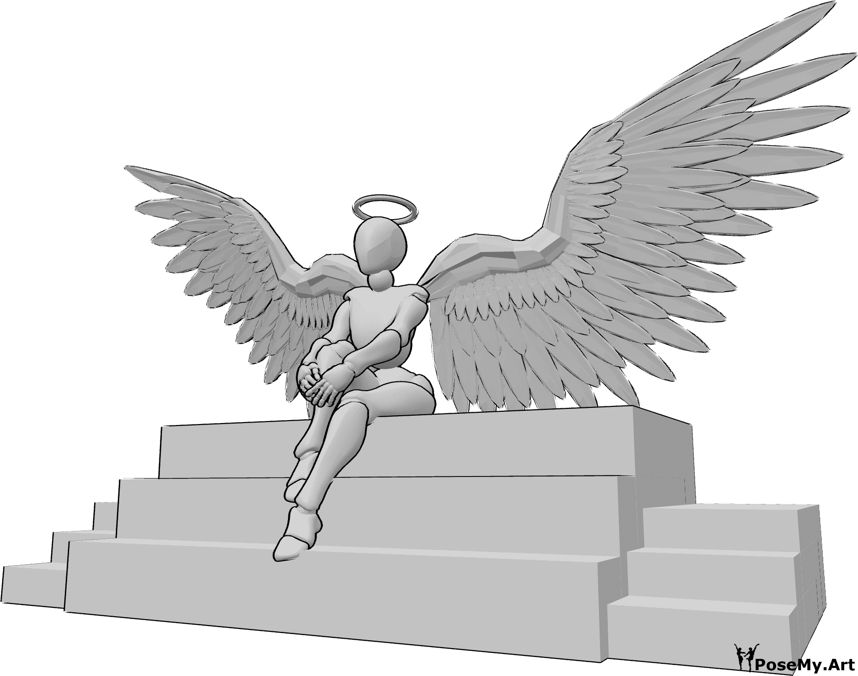 Posen-Referenz- Weiblicher Engel in sitzender Pose - Weiblicher Engel sitzt auf der Treppe, hält ihr Knie und schaut nach vorne
