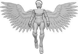 Référence des poses- Ange masculin en train de voler - Ange masculin avec une auréole et des ailes, volant vers le haut et regardant vers la droite
