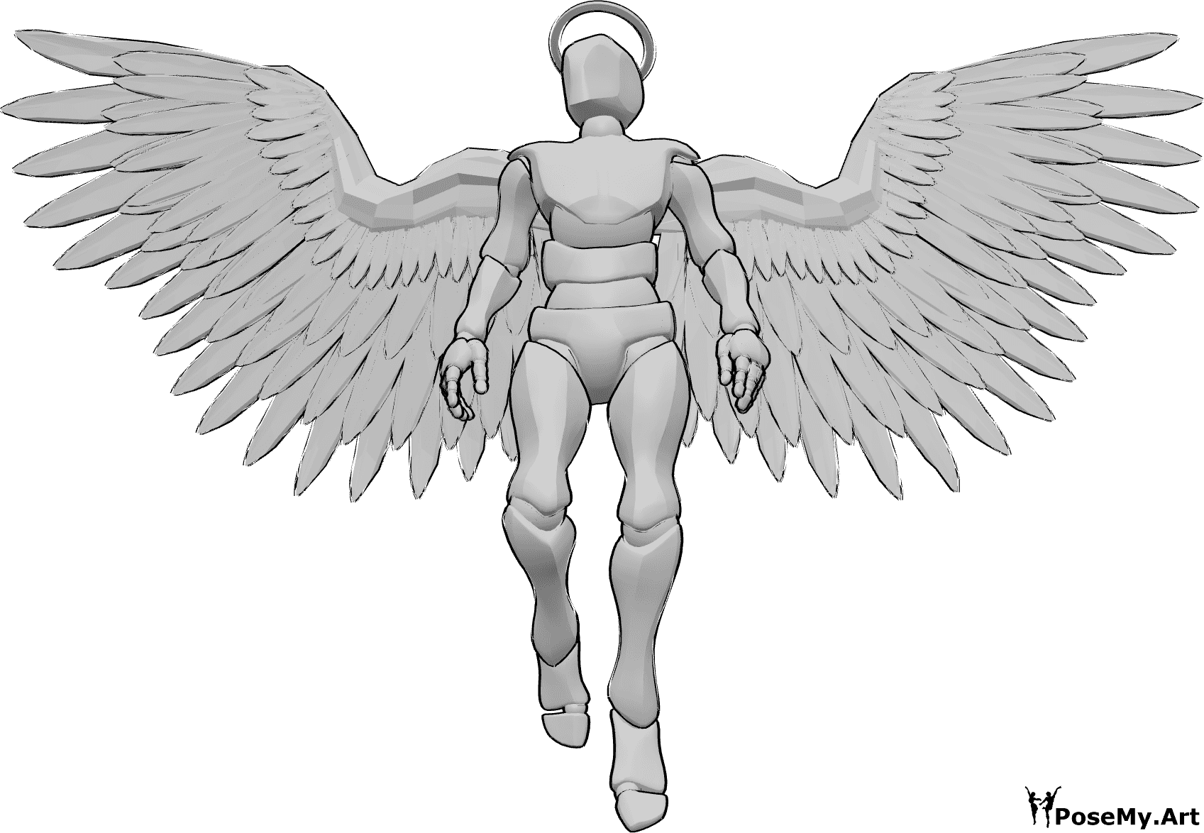Referência de poses- Anjo masculino em pose de voo - Anjo masculino com auréola e asas está a voar para cima e a olhar para a direita