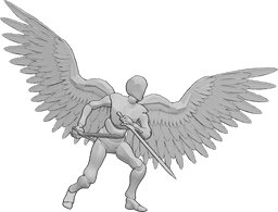 Référence des poses- Ange masculin posant des épées - L'ange masculin est debout et tient deux grandes épées, prêt à se battre.