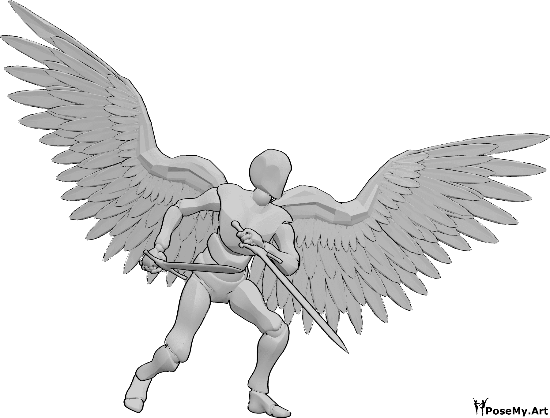 Referência de poses- Pose de espada de anjo masculino - O anjo masculino está de pé e segura duas grandes espadas, pronto para a pose de combate