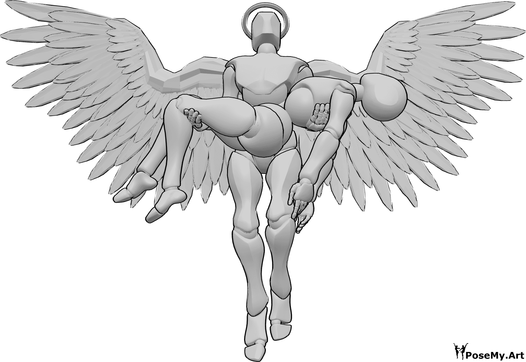 Posen-Referenz- Engel in weiblicher Pose - Männlicher Engel hält eine Frau mit zwei Händen und fliegt nach oben