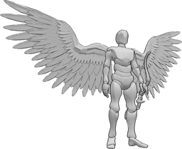 Referencia de poses- Ángel masculino en pose de pie - El ángel masculino está de pie, mirando hacia delante, sosteniendo un arco en su mano izquierda