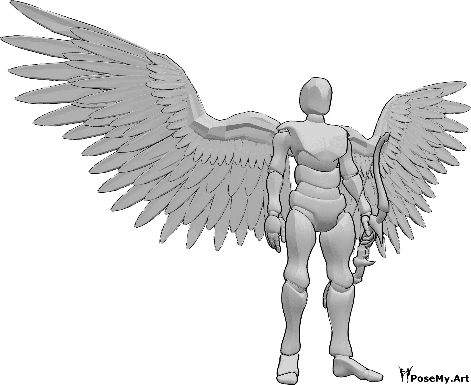 Posen-Referenz- Männlicher Engel in stehender Pose - Ein männlicher Engel steht, schaut nach vorne und hält einen Bogen in der linken Hand.
