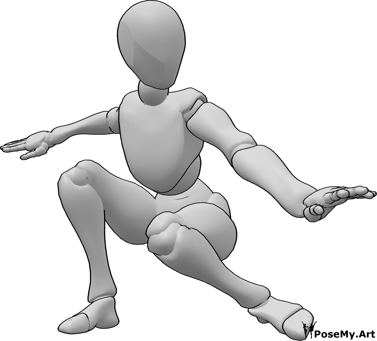 Referência de poses- Pose de aterragem de agachamento feminina - A mulher está a aterrar em pose de agachamento, equilibrando-se com as mãos, olhando para a esquerda e pronta para lutar
