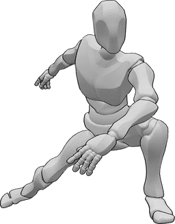Référence des poses- Pose d'équilibre pour l'atterrissage d'un homme - Male atterrit, en équilibre avec ses mains et en regardant vers l'avant