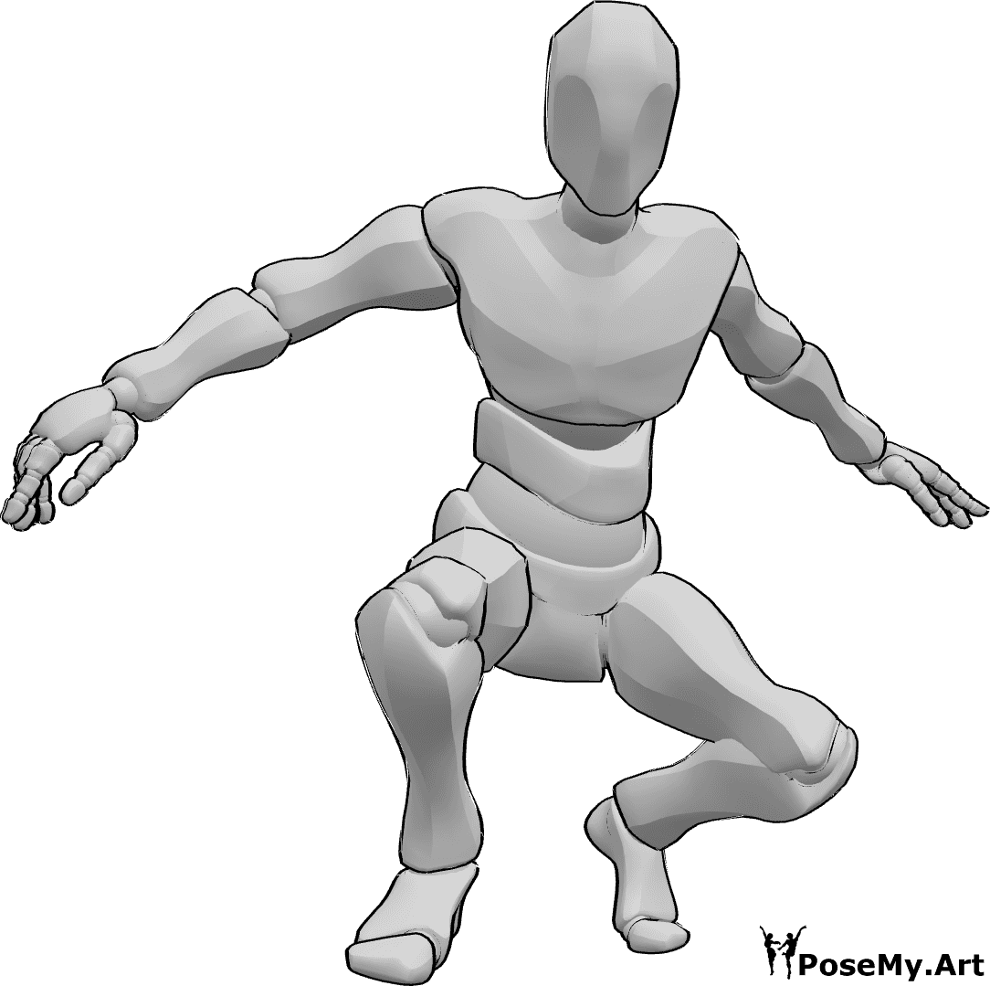 Referencia de poses- Masculino en cuclillas pose de aterrizaje - El hombre aterriza en cuclillas, mirando hacia delante y levantando las manos.