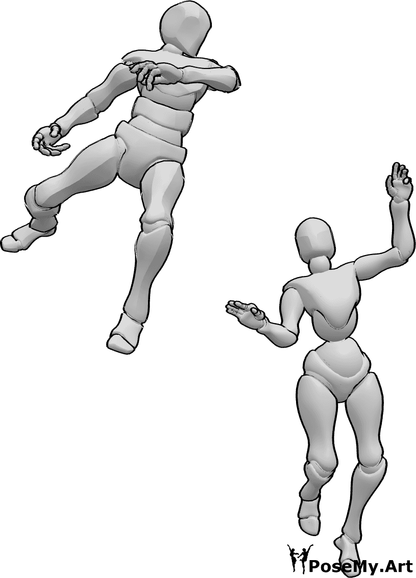 Referencia de poses- Postura de caída femenina masculina - Mujer y hombre cayendo en el aire posan
