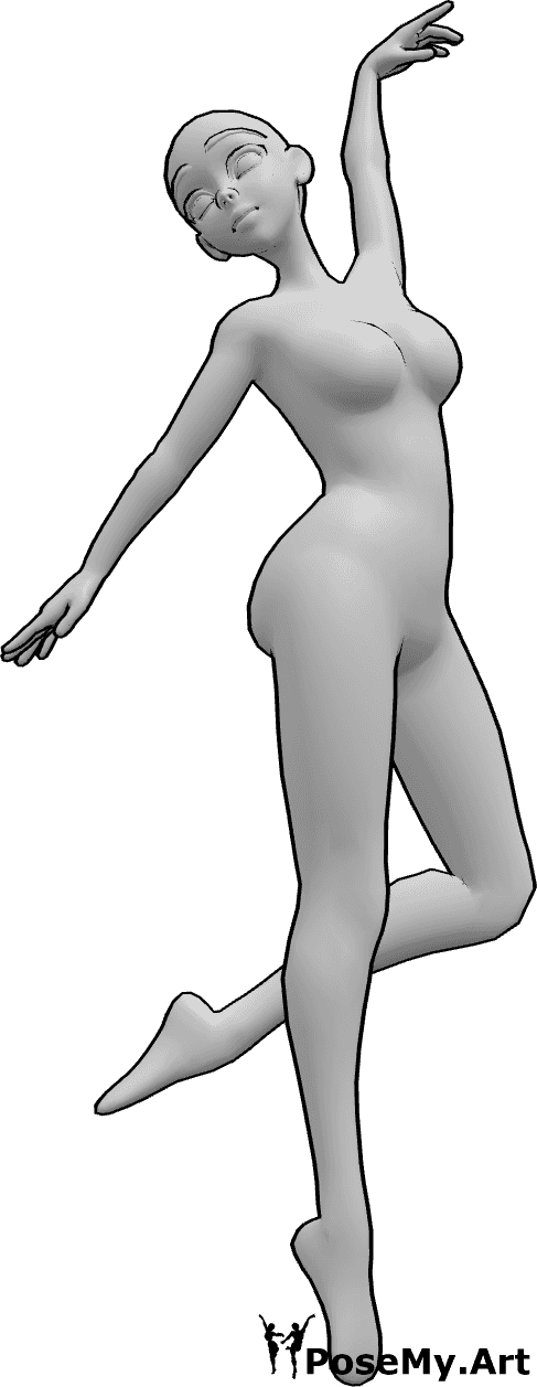 Referência de poses- Pose giratória de ballet de anime - Uma mulher anime está a dançar ballet, a girar e a levantar a mão esquerda, olhando para a esquerda