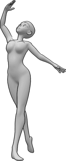 Referência de poses- Pose de ballet de anime em pé - Anime feminino em pose de ballet, levantando a mão direita e olhando para cima