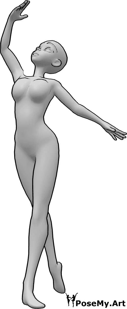 Posen-Referenz- Anime-Ballett stehende Pose - Anime-Frau in stehender Ballett-Pose, die rechte Hand hebend und nach oben schauend