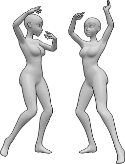 Référence des poses- Pose de deux femmes dansant - Deux femmes dansent ensemble, se regardant l'une l'autre, pose de danse animée.