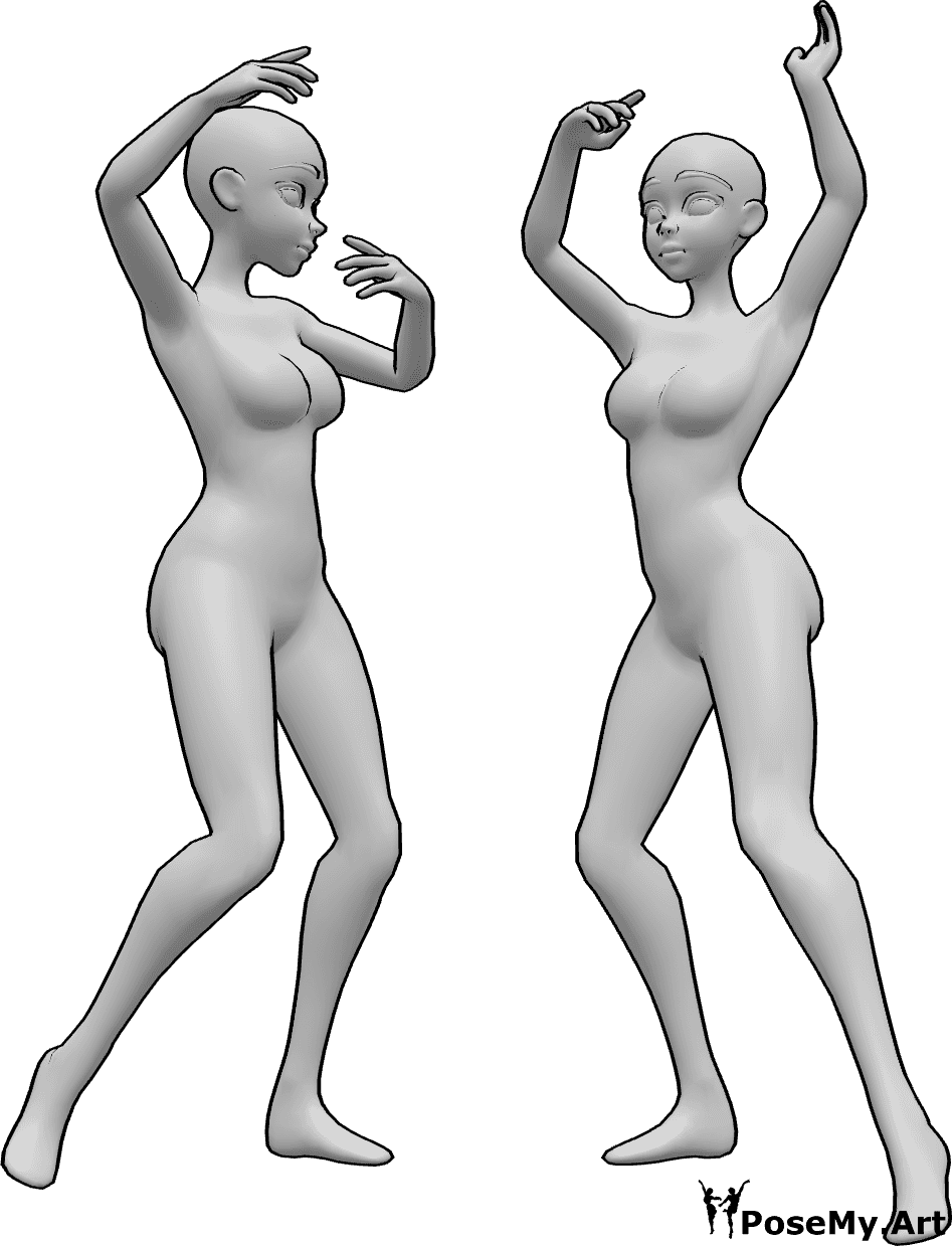 Posen-Referenz- Zwei weibliche Tänzerinnen in Pose - Zwei Anime-Frauen tanzen zusammen, schauen sich gegenseitig an, Anime-Tanz-Pose