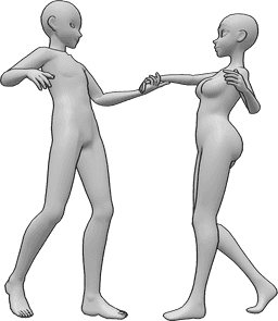 Posen-Referenz- Anime tanzen Pose - Anime-Frau und -Mann tanzen, der Mann hält die rechte Hand der Frau