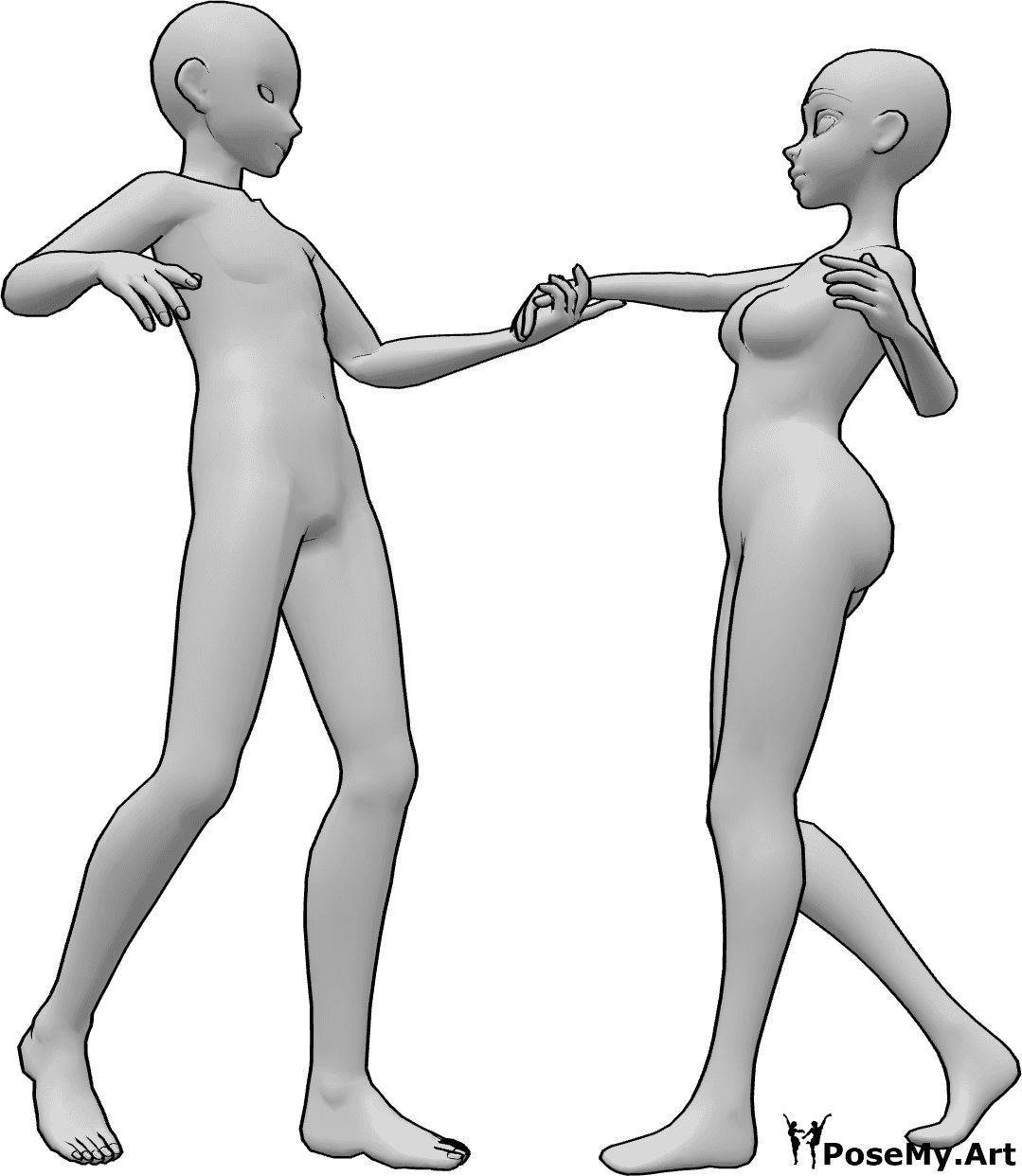 Référence des poses- Pose de danse d'anime - Une femme et un homme dansent, l'homme tient la main droite de la femme.