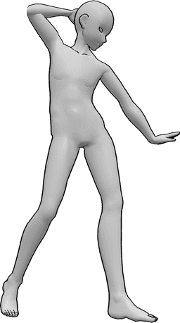 Referencia de poses- Anime masculino bailando pose - Anime masculino está bailando y posando, levantando la mano y mirando hacia abajo, anime bailando pose
